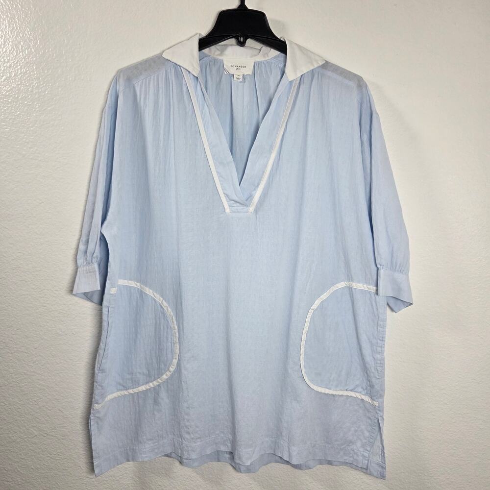 Pomander Place "Lizzie" Sky Blue Coverup Dress, Med Cotton, V-Neck tunic - Picture 2 of 10